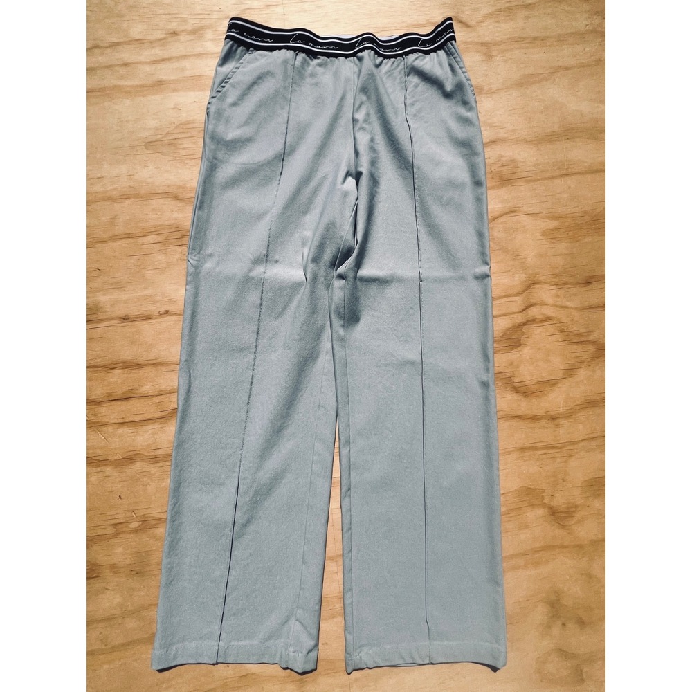La Manso Light Blue Logo Waistband Straight Leg Seam Front Trousers Pants